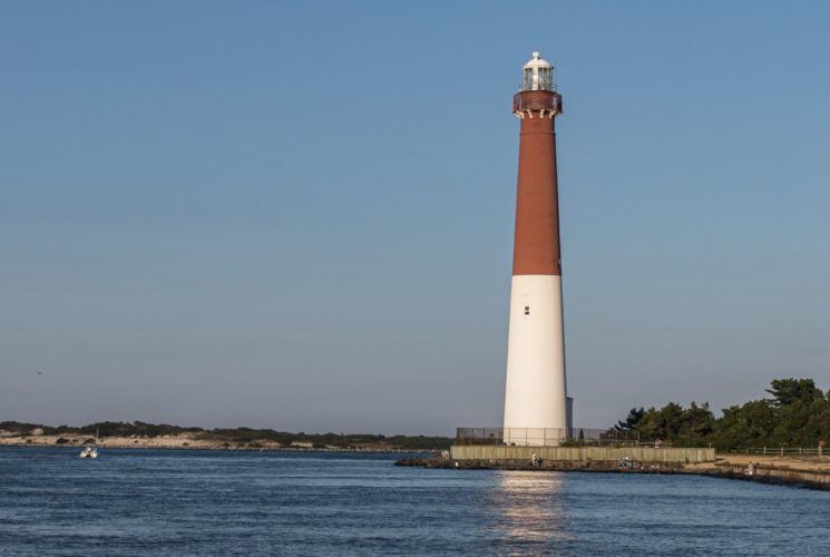 Red and white lighthouse surrounded by green shrubs and the ocean