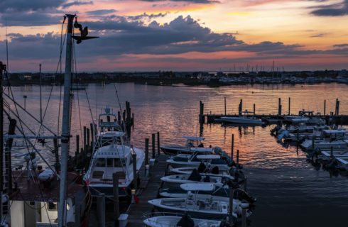 View of boats in slips in the harbor at dusk