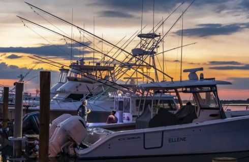 Multiple boats in slips in the harbor at dusk