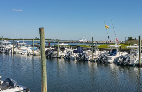 Multiple boats in slips in the harbor