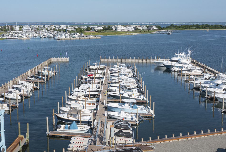 Aerial view of a harbor full of boats