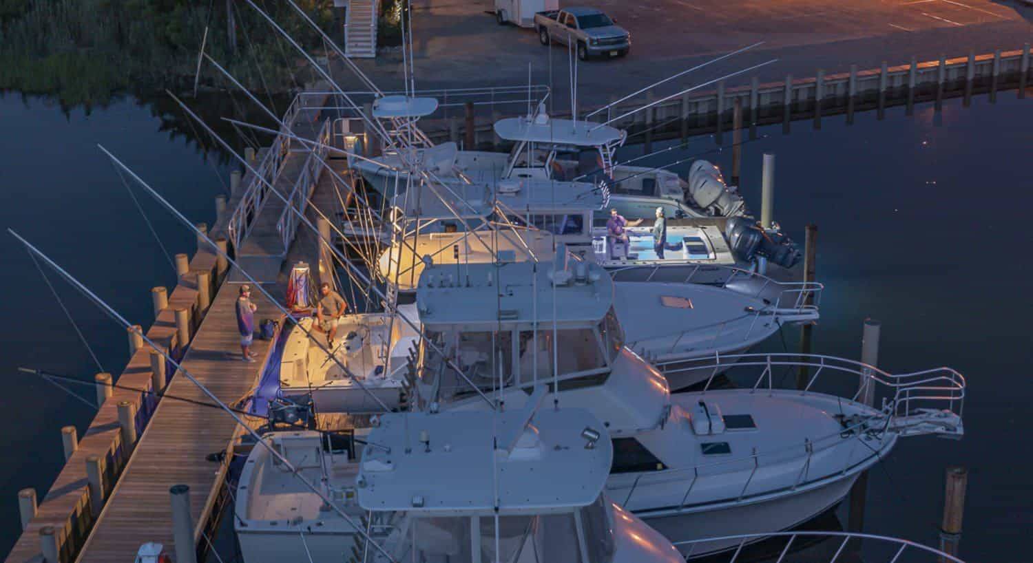 Aerial view of harbor full of boats at dusk